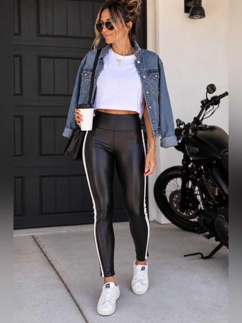 NWT SPANX Faux Leather Shaping Stripe Leggings Small Black White High Rise Moto